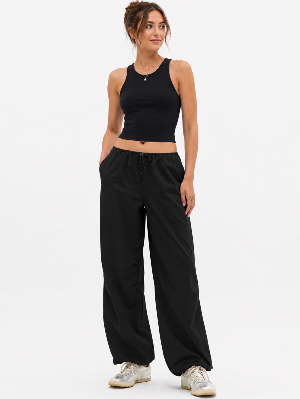 Athleta Midday Low Rise Poplin Black Wide Leg Bungee Cord Waist- Hem Size XL NWT
